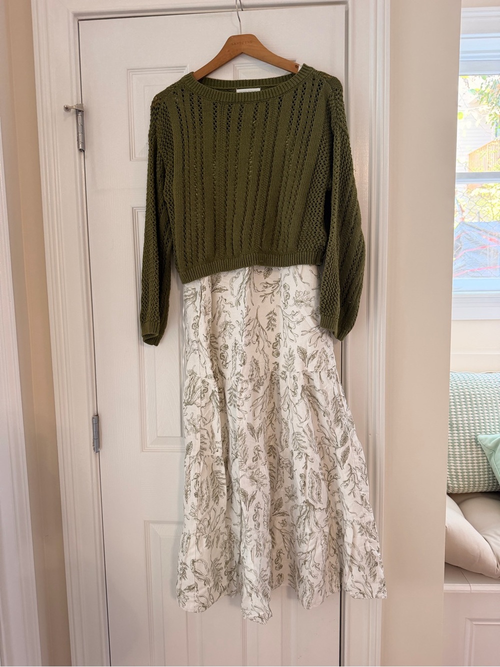 Martha Stewart Olive Green Knit Sweater with Cream Floral Maxi dress